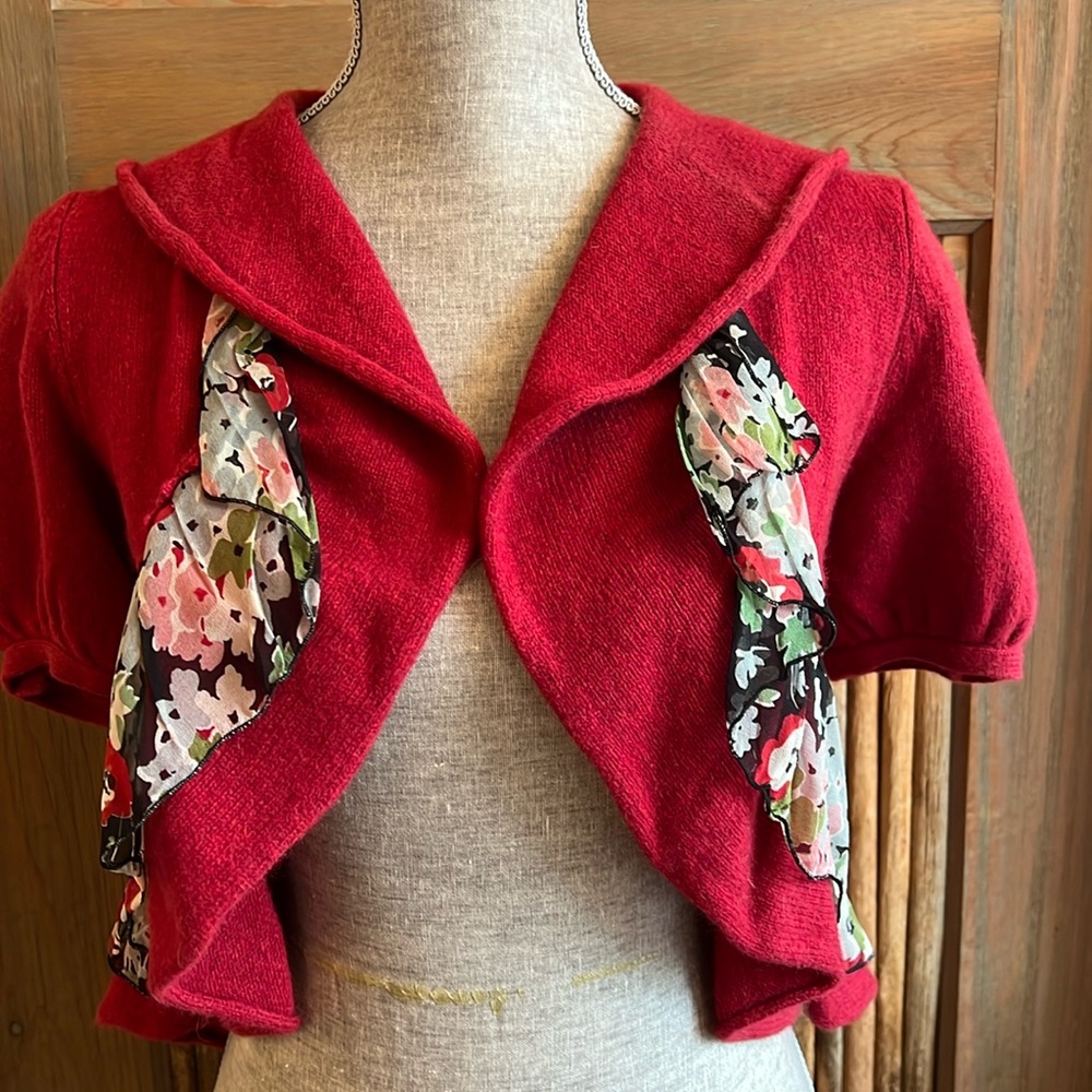 Anthropologie Ruffled Front Shrug Sweater, Size Medium, Wool/Nylon, Red/Rouge
